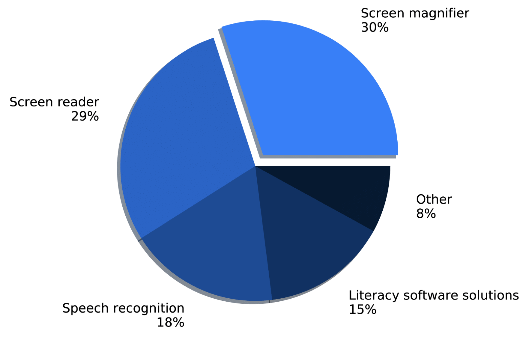 A pic chart showing the distribution of five assistive technologies, including screen magnifier (30%), screen reader (29%), speech recognition (18%), literacy software solutions (15%), and other (8%).