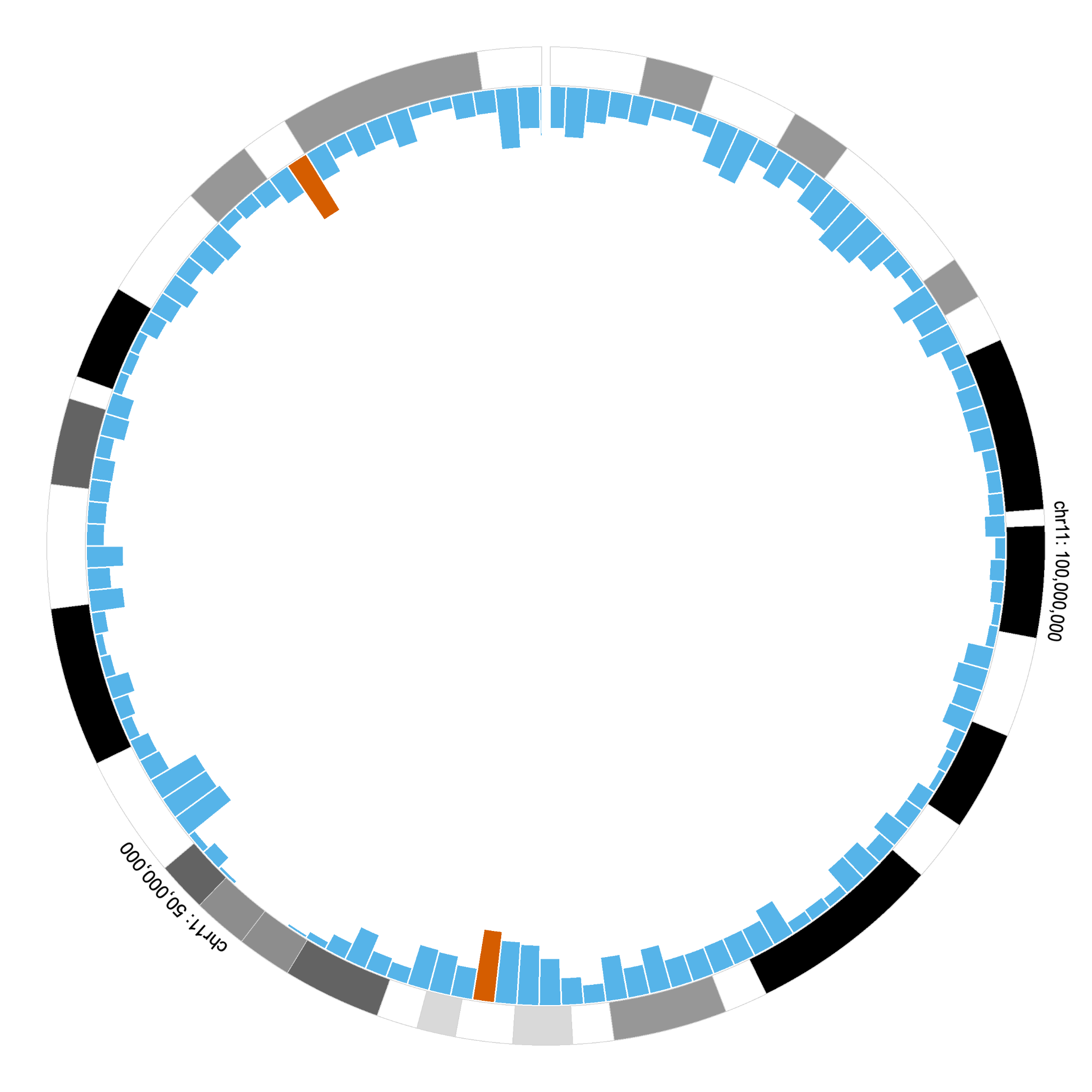 A circular visualization showing bars where two bars that are distant are highlighted in red for comparison.
