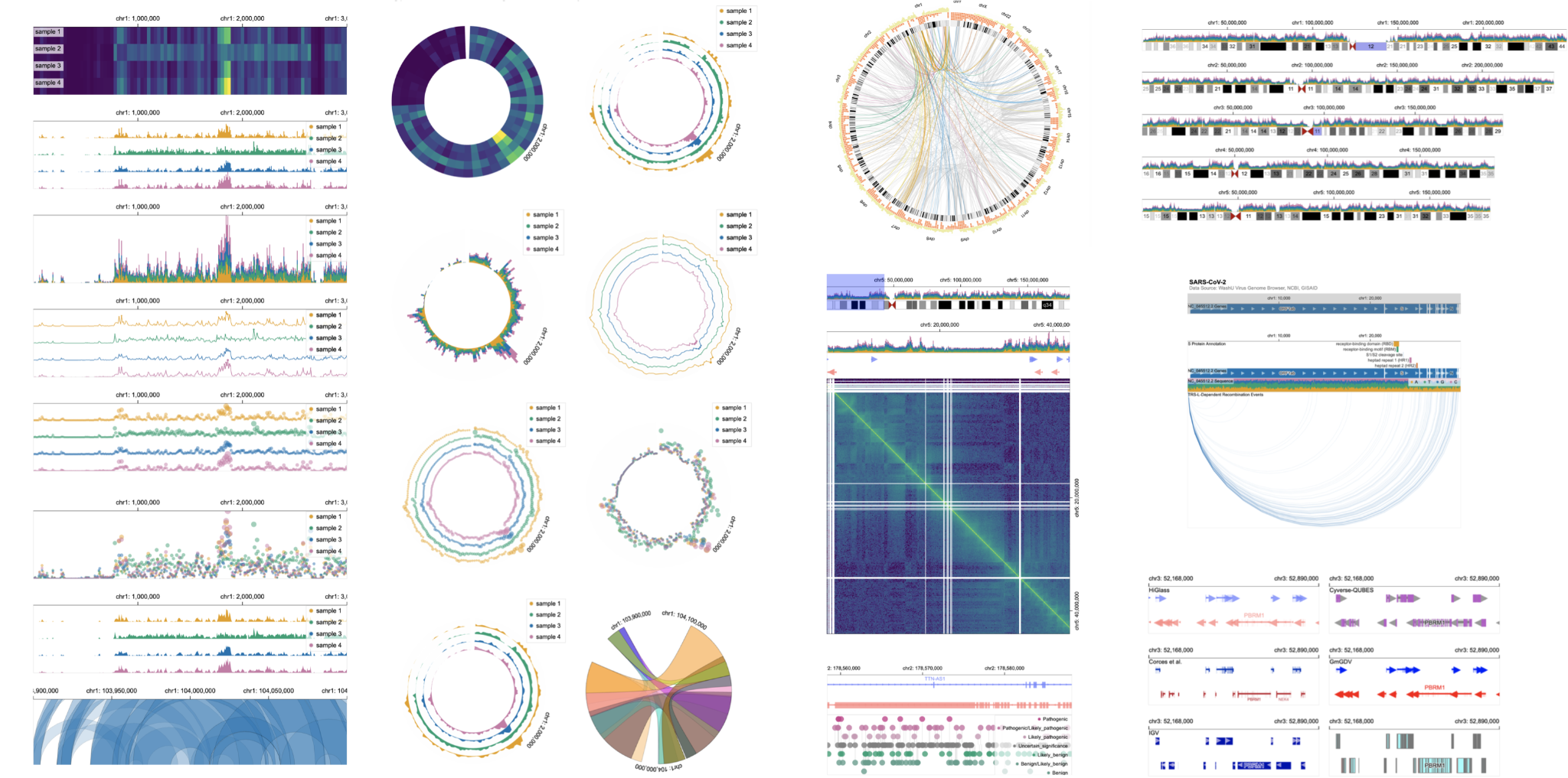 A gallery of genomics data visualization drawn using Gosling, including linear and circular visualizations, matrix, lollipop plots, ideograms, and gene tracks.