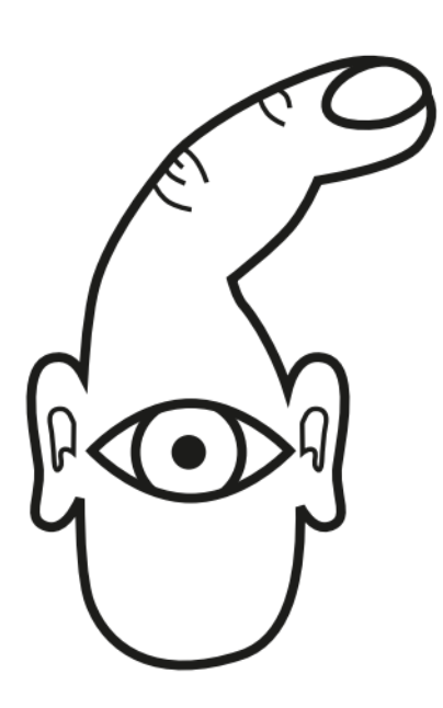 An image of a human with a big eye, big ears, and a pointing finger on the top of the face.