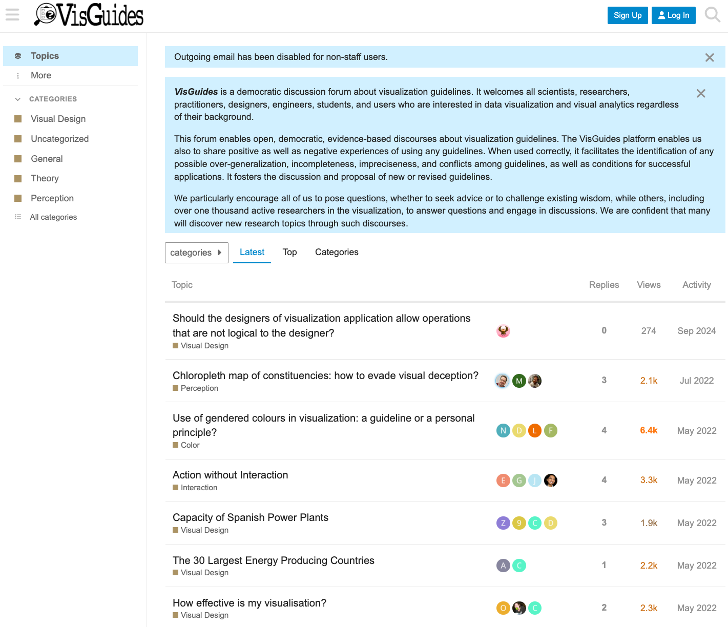 A screenshot of VisGuides showing list of topic categories on the left, such as Visual Design and Theory, and a community panel on the right, showing questions and discussions that VisGuides users posted.