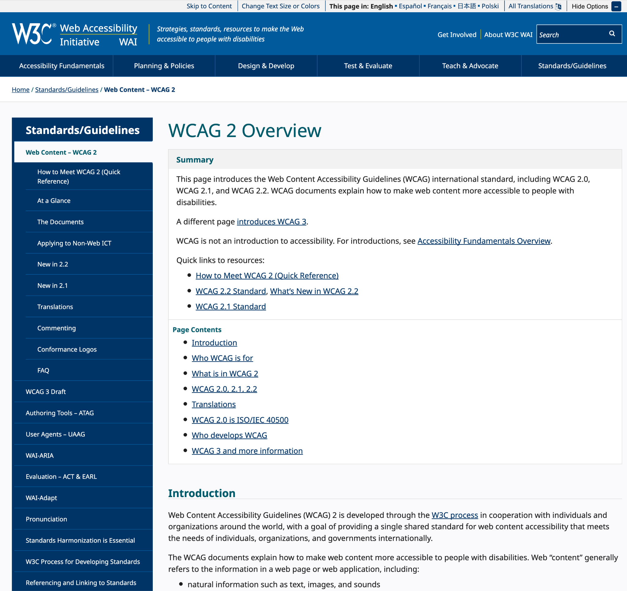 A screenshot of the official WCAG website showing the menu on the left and the main contain on the right, titled 'WCAG 2 Overview.'